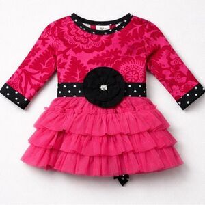 Ann Loren fuchsia and black ruffle skirt long sleeve dress size 12-18 months NWT